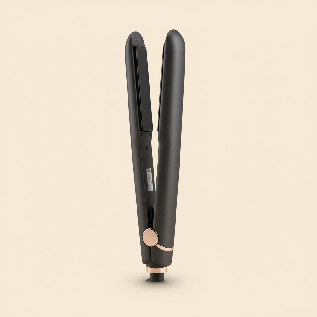 Black tourmaline ceramic hair straightener on a warm ivory background