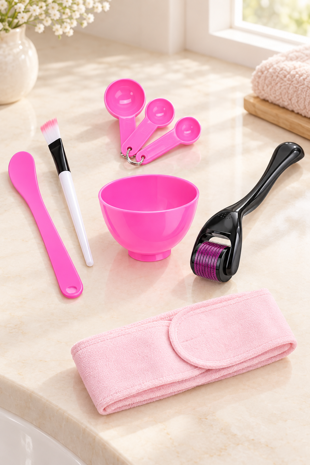 Six-piece pink facial tool kit with black and purple dermaroller arranged on an ivory vanity