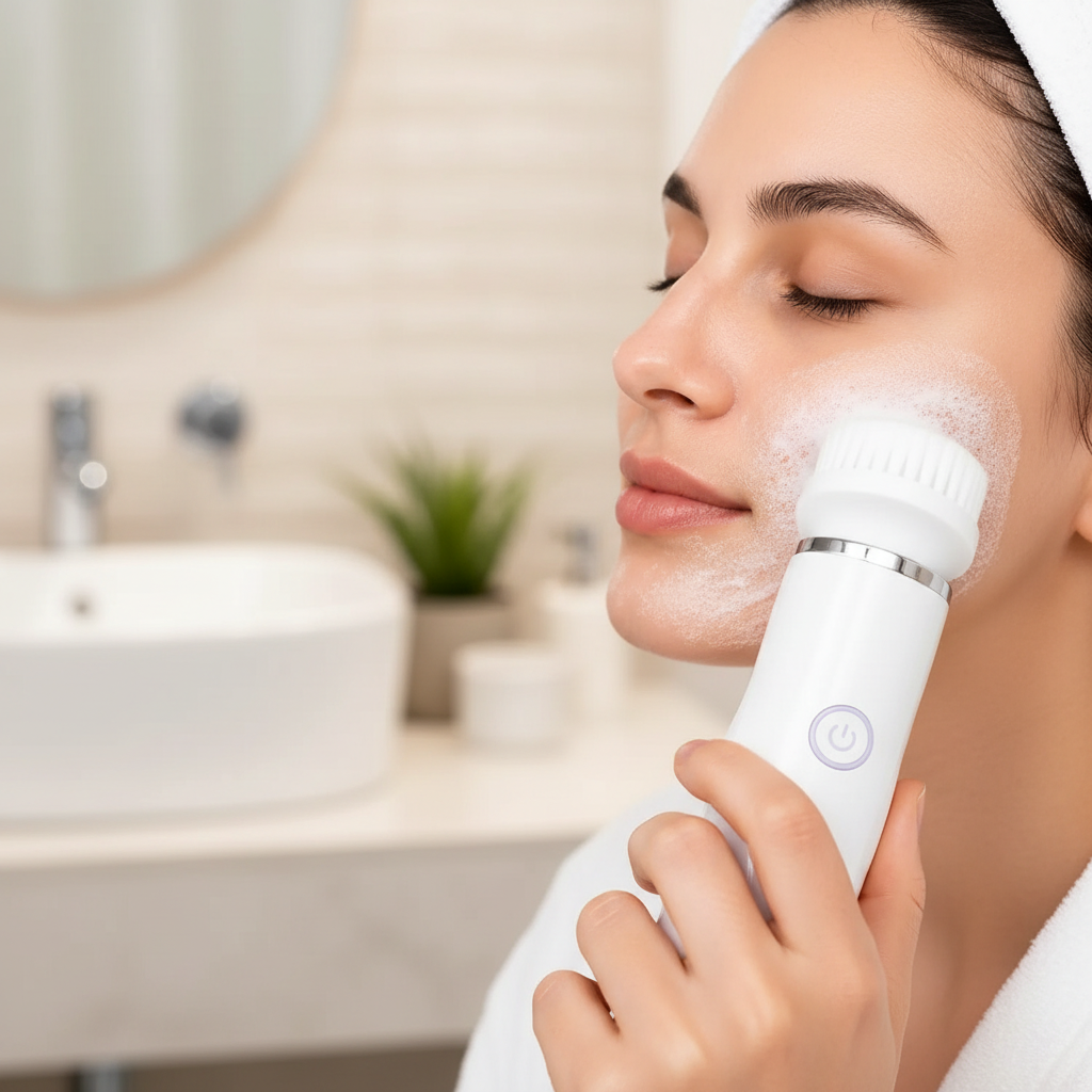 Woman using the white GBL-737 electric facial cleansing brush with a soft bristle head