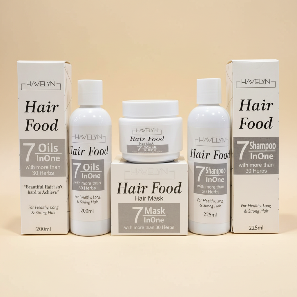Close detail of the Havelyn Hair Food 3-piece hair care set with oil, mask, shampoo, and cartons