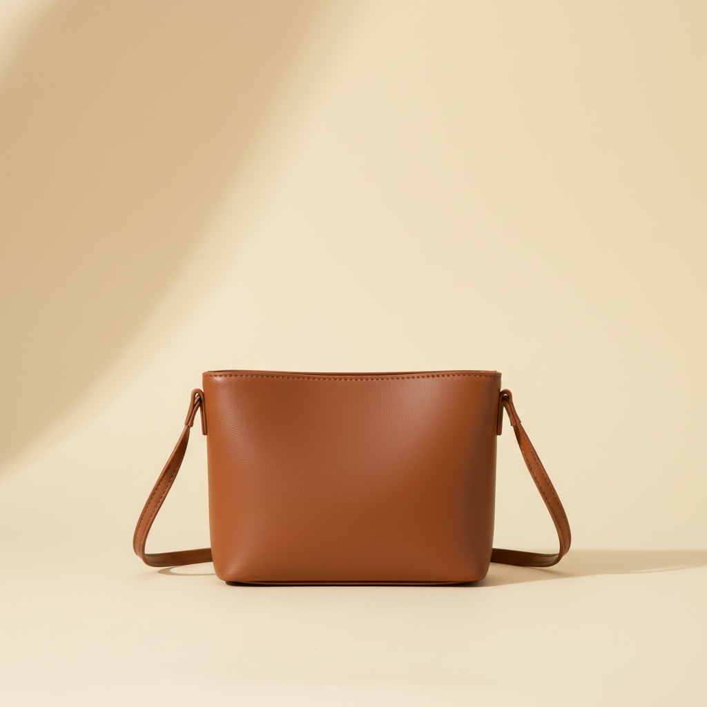 Brown plain PU leather shoulder bag on a warm ivory background