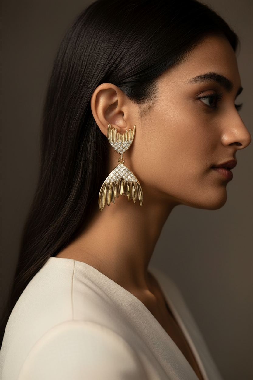 Woman wearing a gold mermaid tail crystal drop earring, editorial profile view