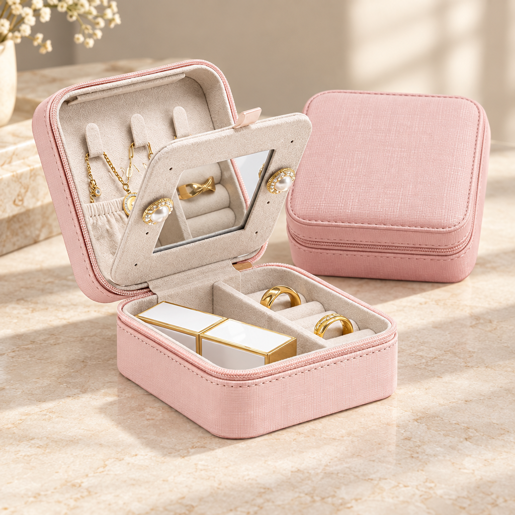 Open pink jewellery box showing mirror, ring rolls and divided interior with matching closed box