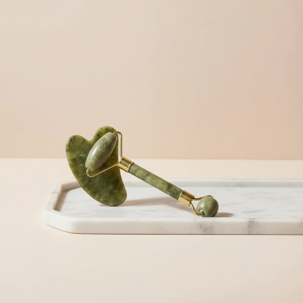 Green stone facial roller and under-eye massage stone on an ivory tray