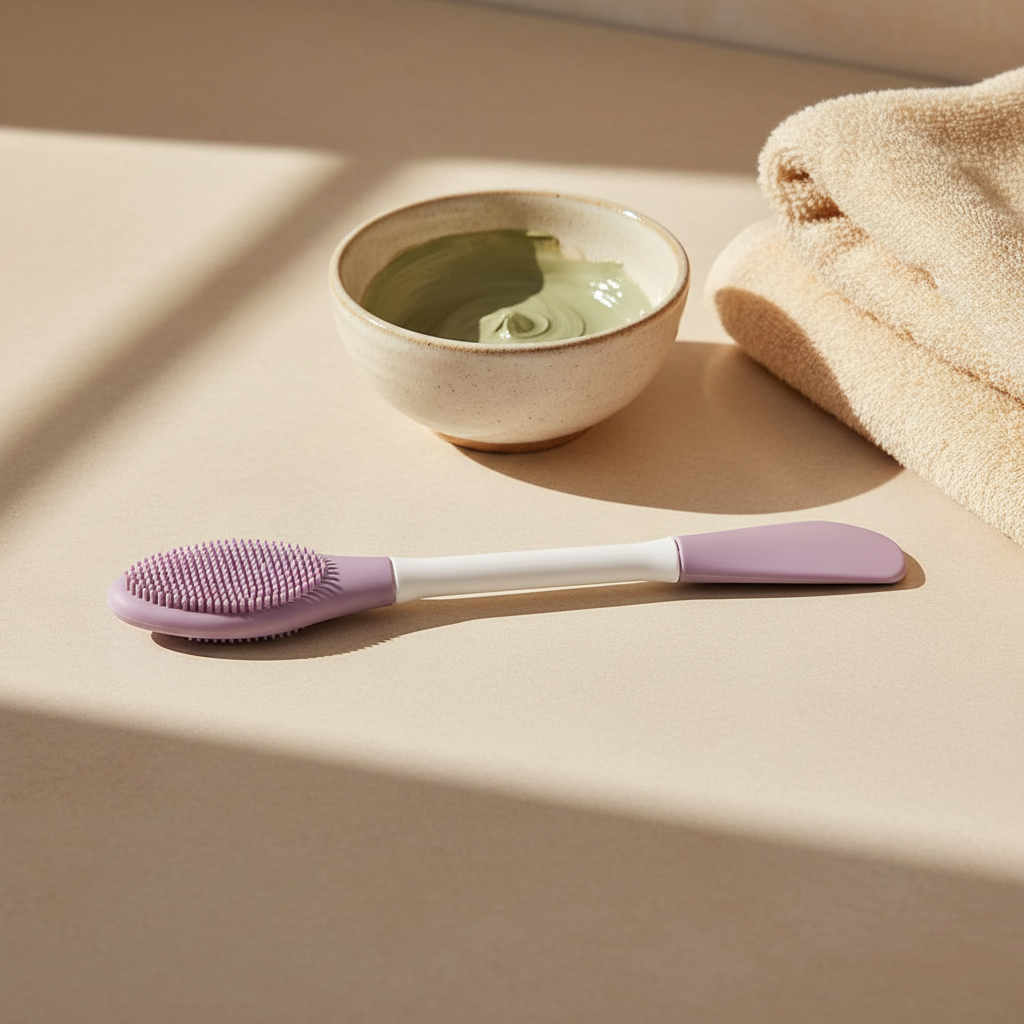 Lavender double-ended silicone face mask and cleansing brush beside a ceramic skincare bowl and ivory towel