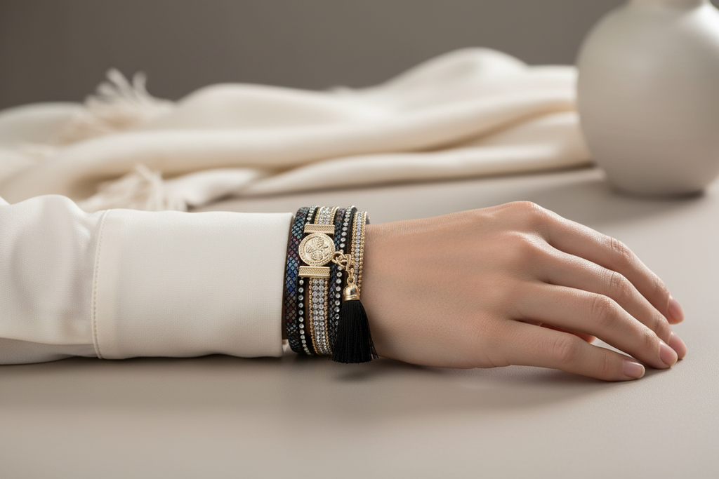 Black multi-layered leather bracelet with crystal-style accents and tassel worn with an ivory sleeve