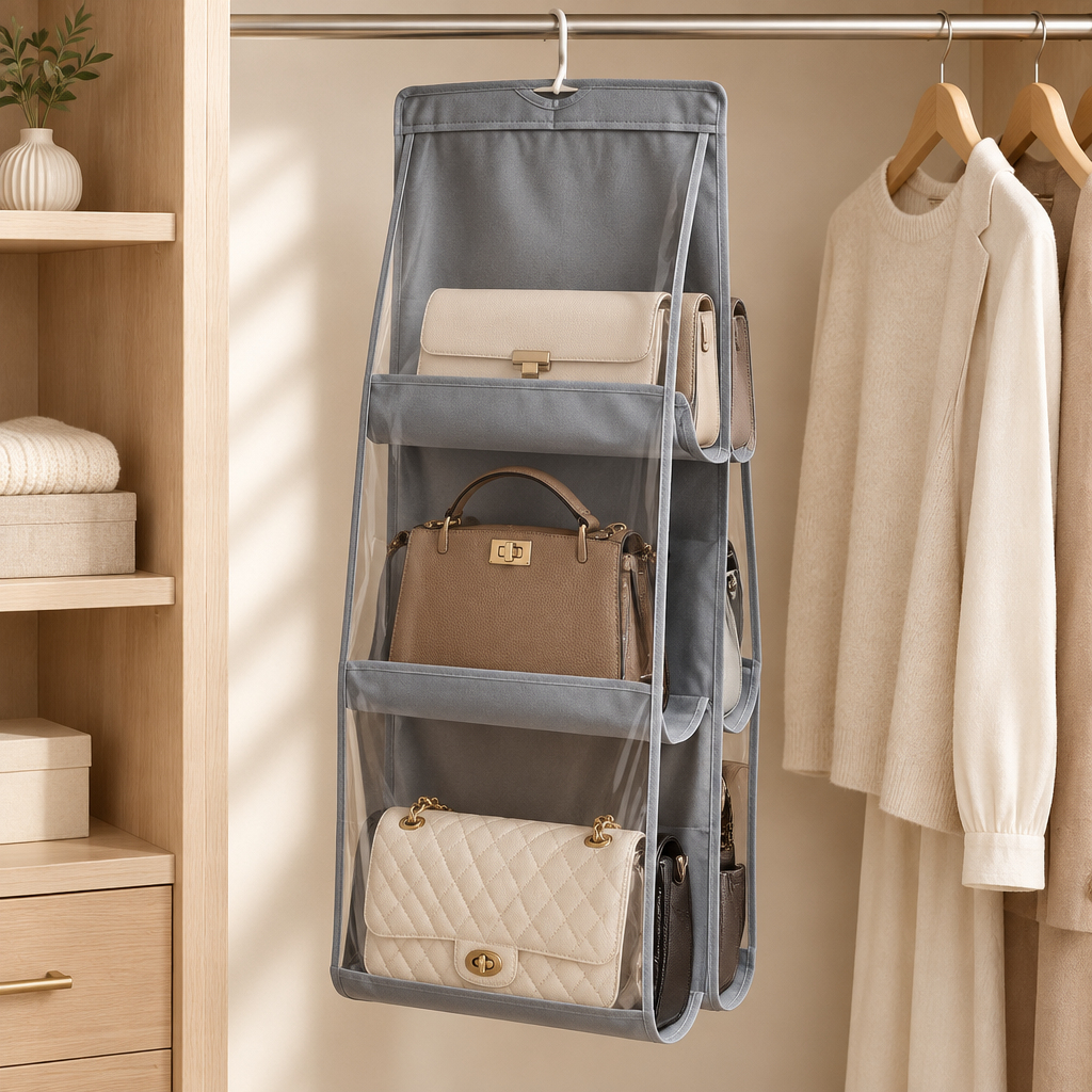 Grey six-compartment hanging handbag organizer in an ivory wardrobe