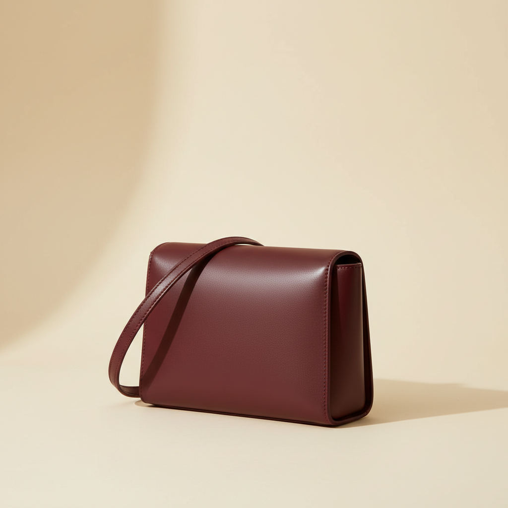Maroon leather shoulder bag on an ivory studio background