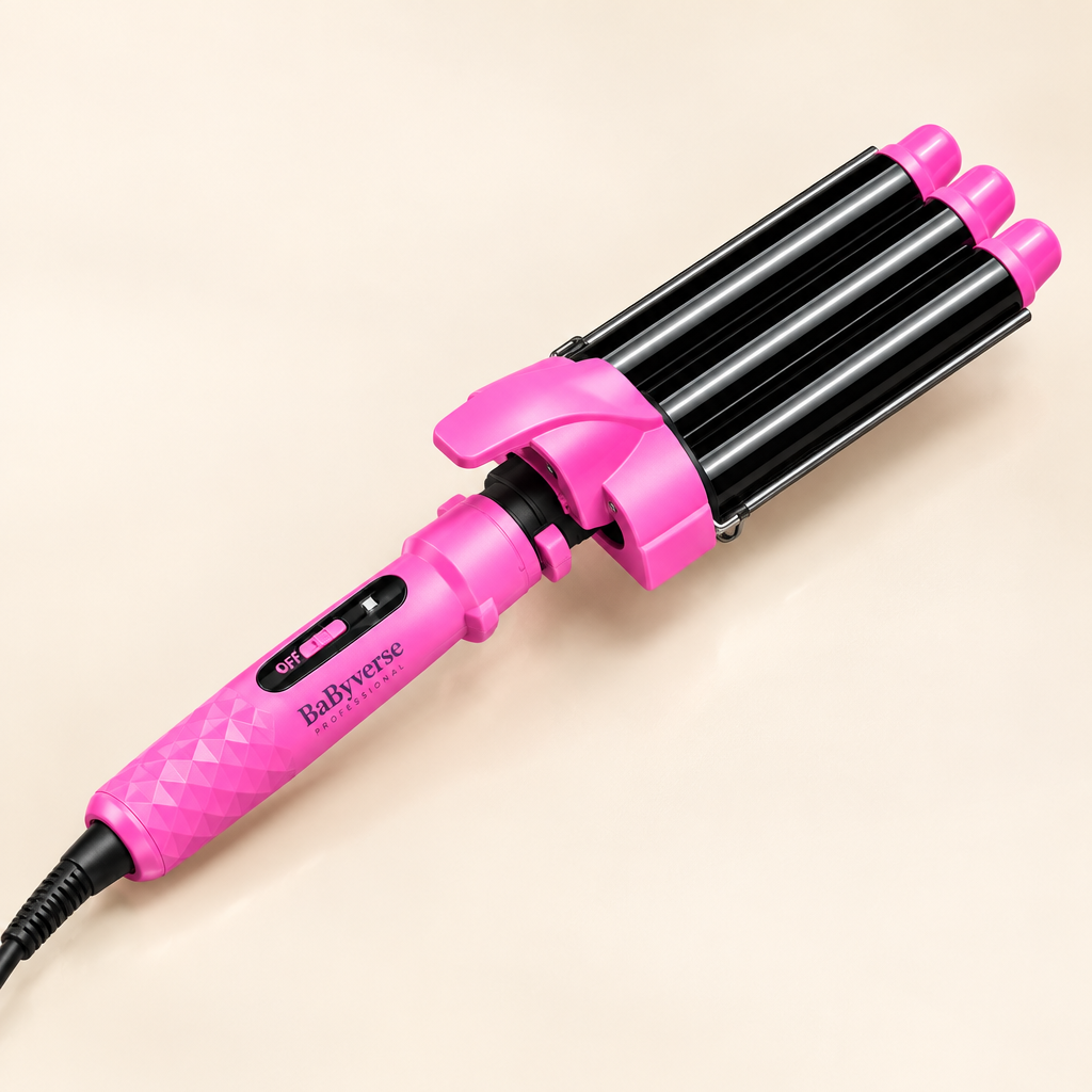 Pink BaByverse BA-449 three-barrel hair waver with black barrels on ivory background