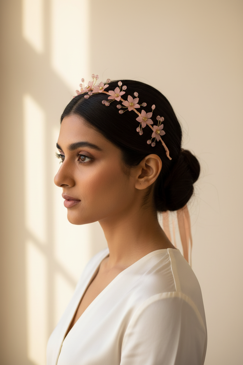 Model wearing a peach floral crown hairband with an ivory outfit