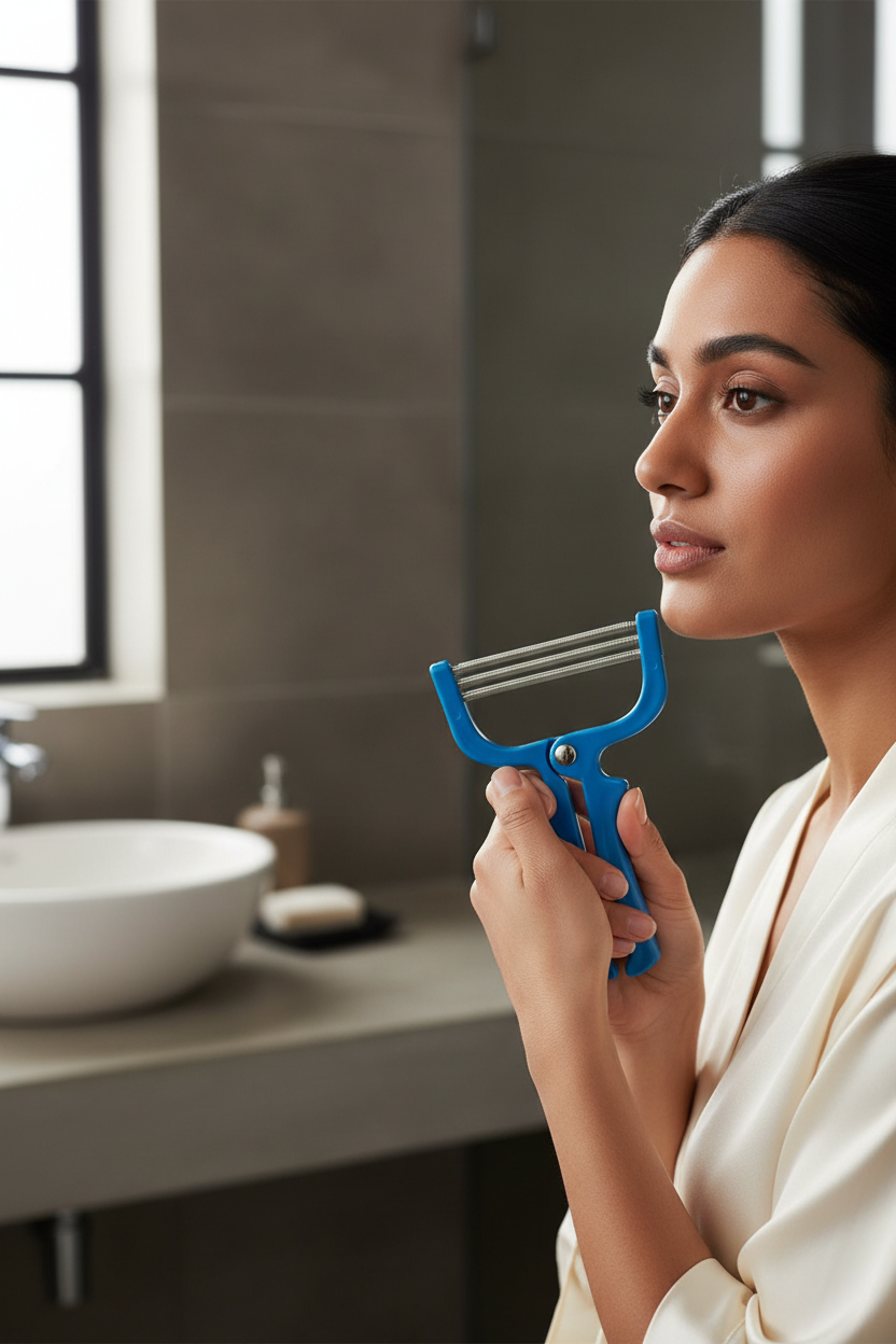 Woman holding a blue manual spring facial hair remover in a minimalist bathroom