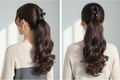 Dark brown wavy claw-clip ponytail hair extension worn in a low ponytail