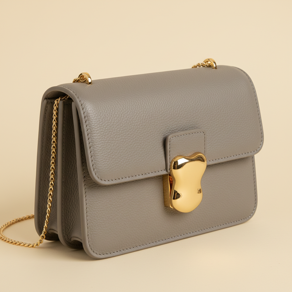Close detail of grey leather handbag stitching gold-tone clasp and chain
