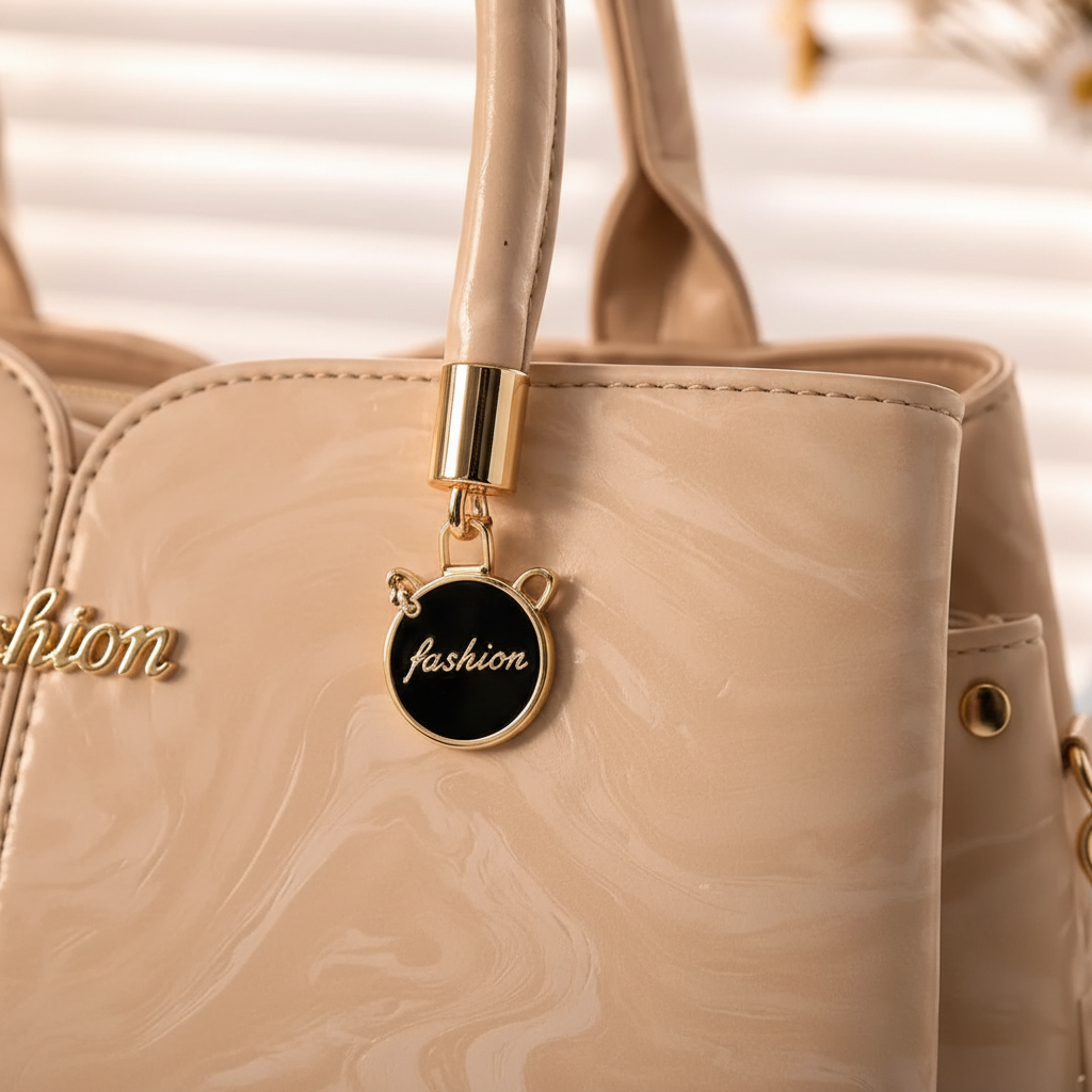 Close-up of the gold-tone handle fitting and round charm on the beige faux leather tote bag