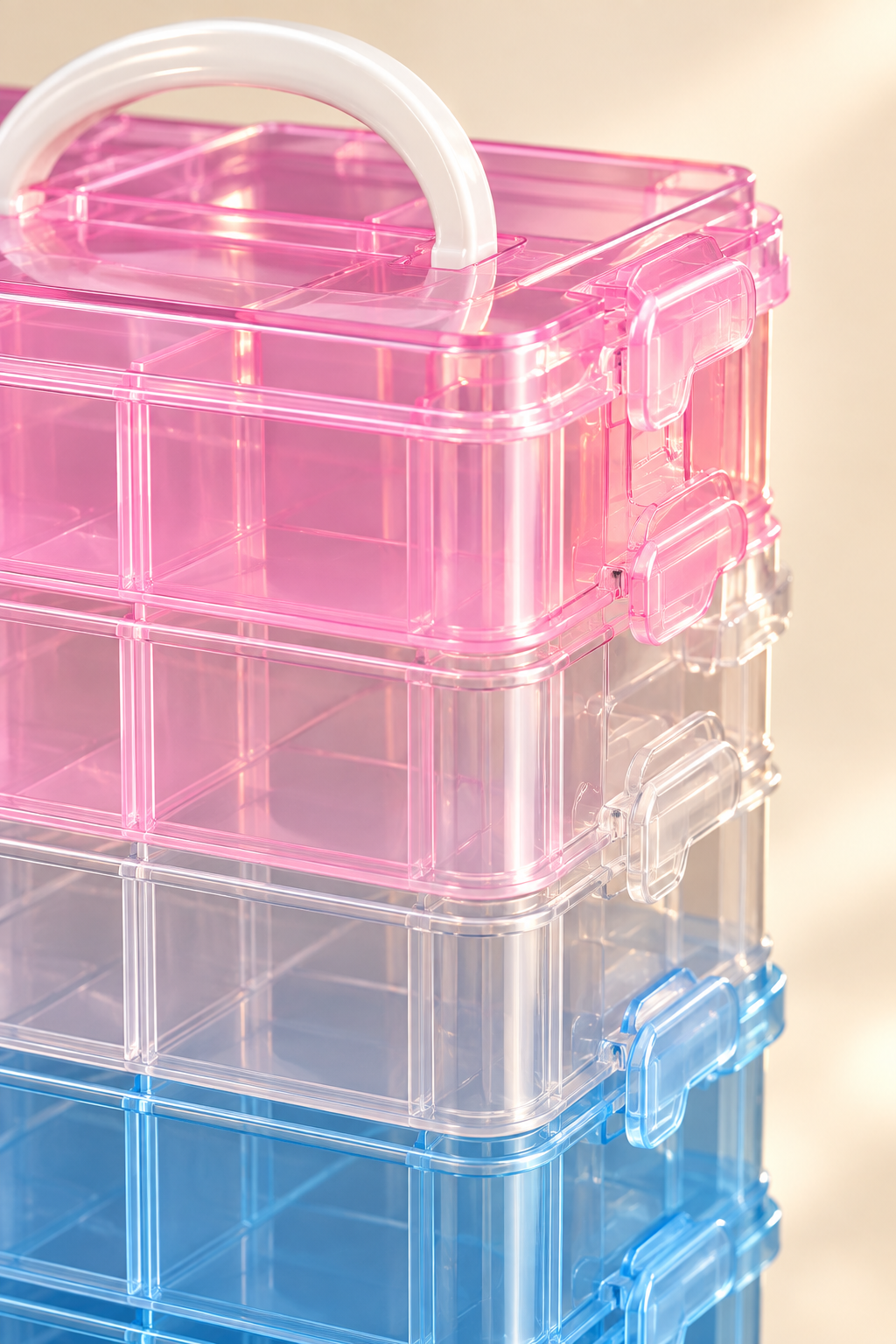 Close-up detail of stackable jewellery organizer box compartments, latch, and carry handle