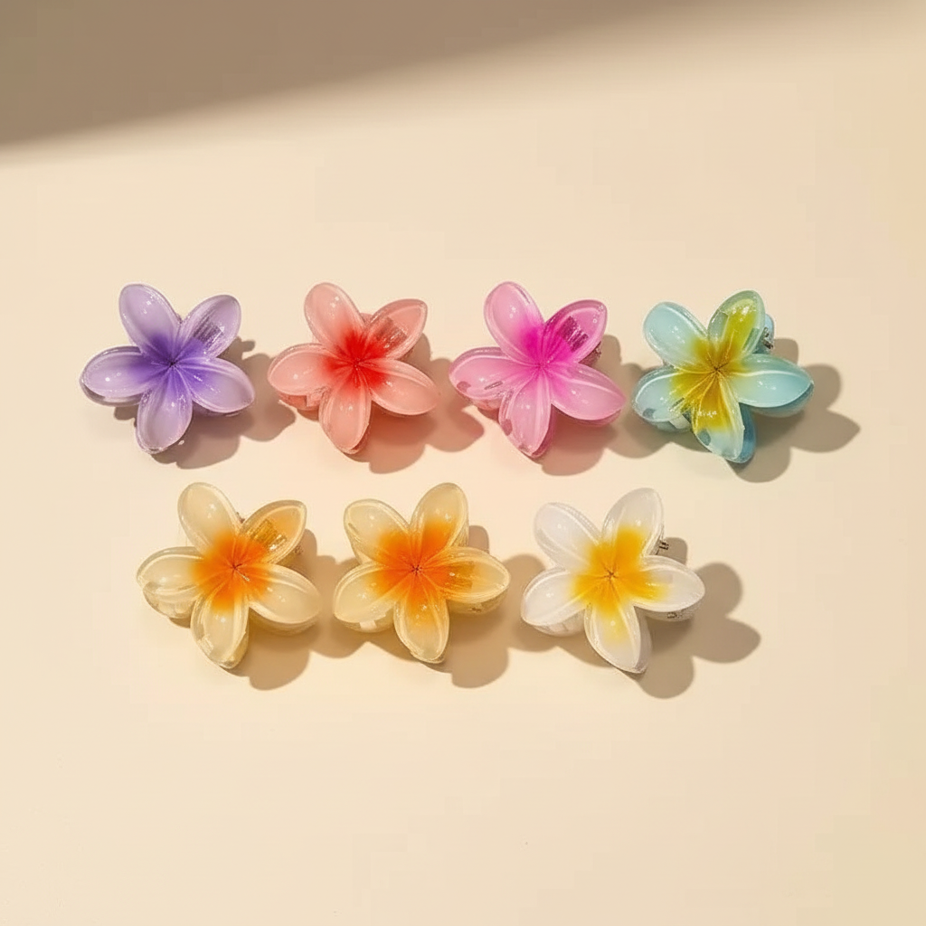 Six translucent multicolor acrylic flower hair clips arranged on a warm ivory background