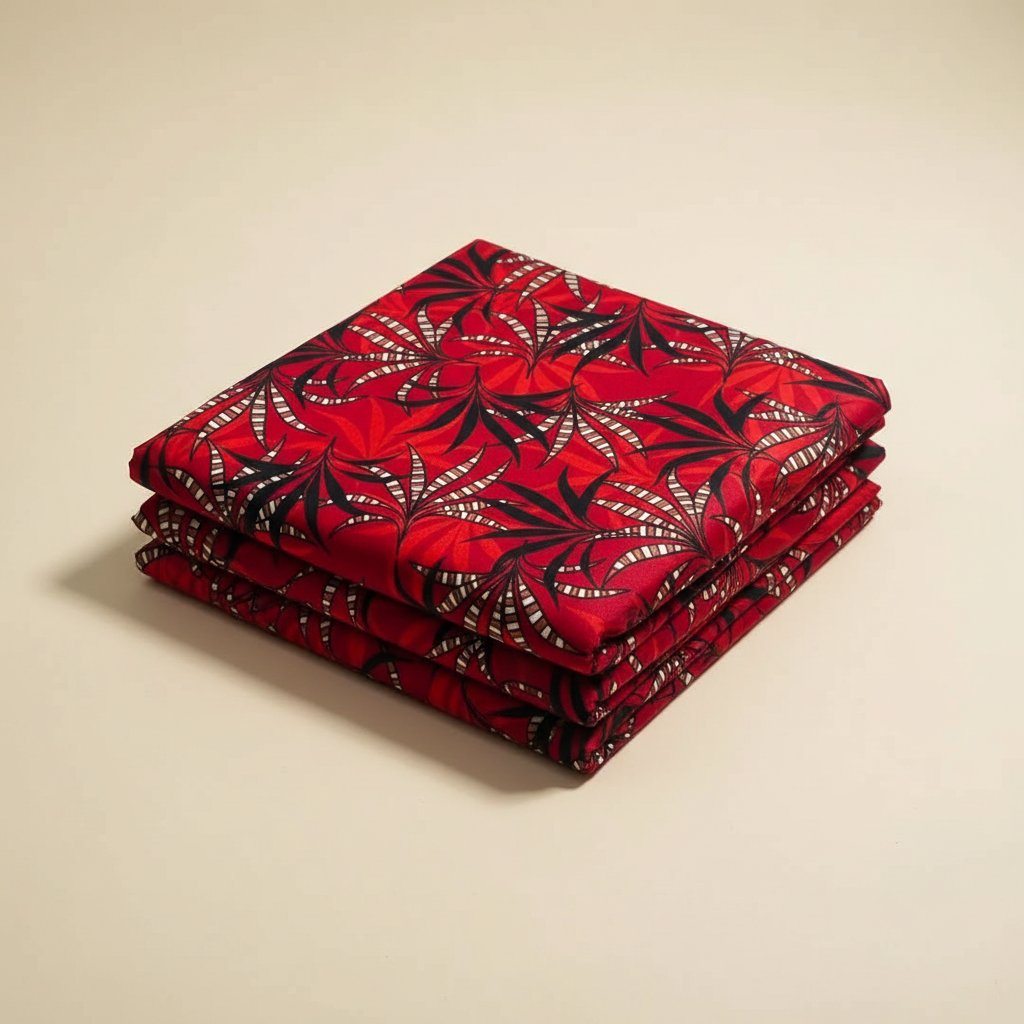 Red printed polo cotton unstitched two piece suit folded on an ivory background