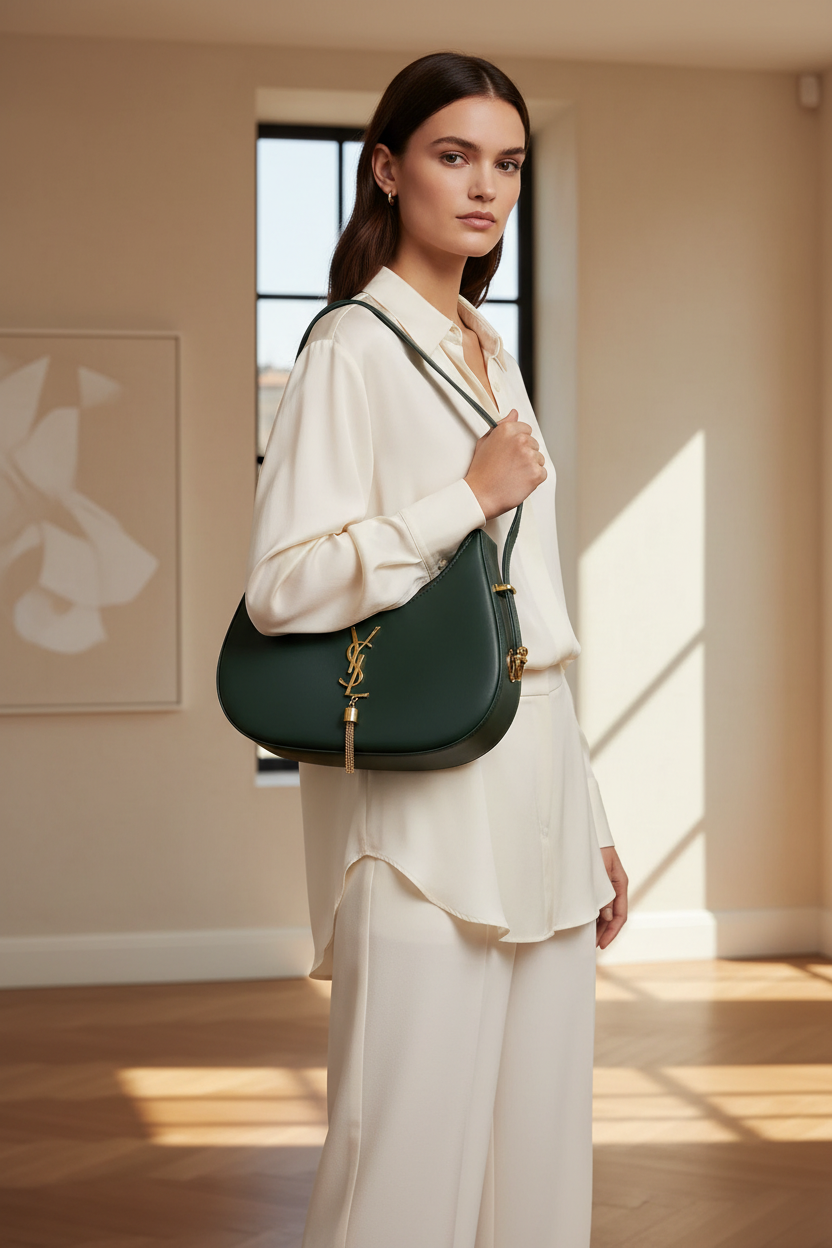 Woman wearing a dark green leather hobo bag with an adjustable shoulder strap in a refined neutral interior