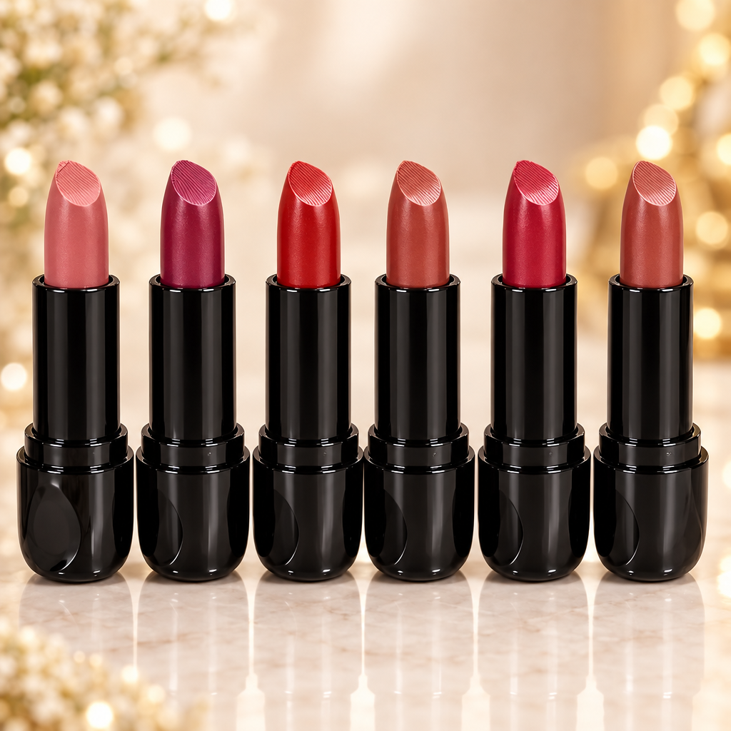 Close-up of six nude and red lipstick bullet shades