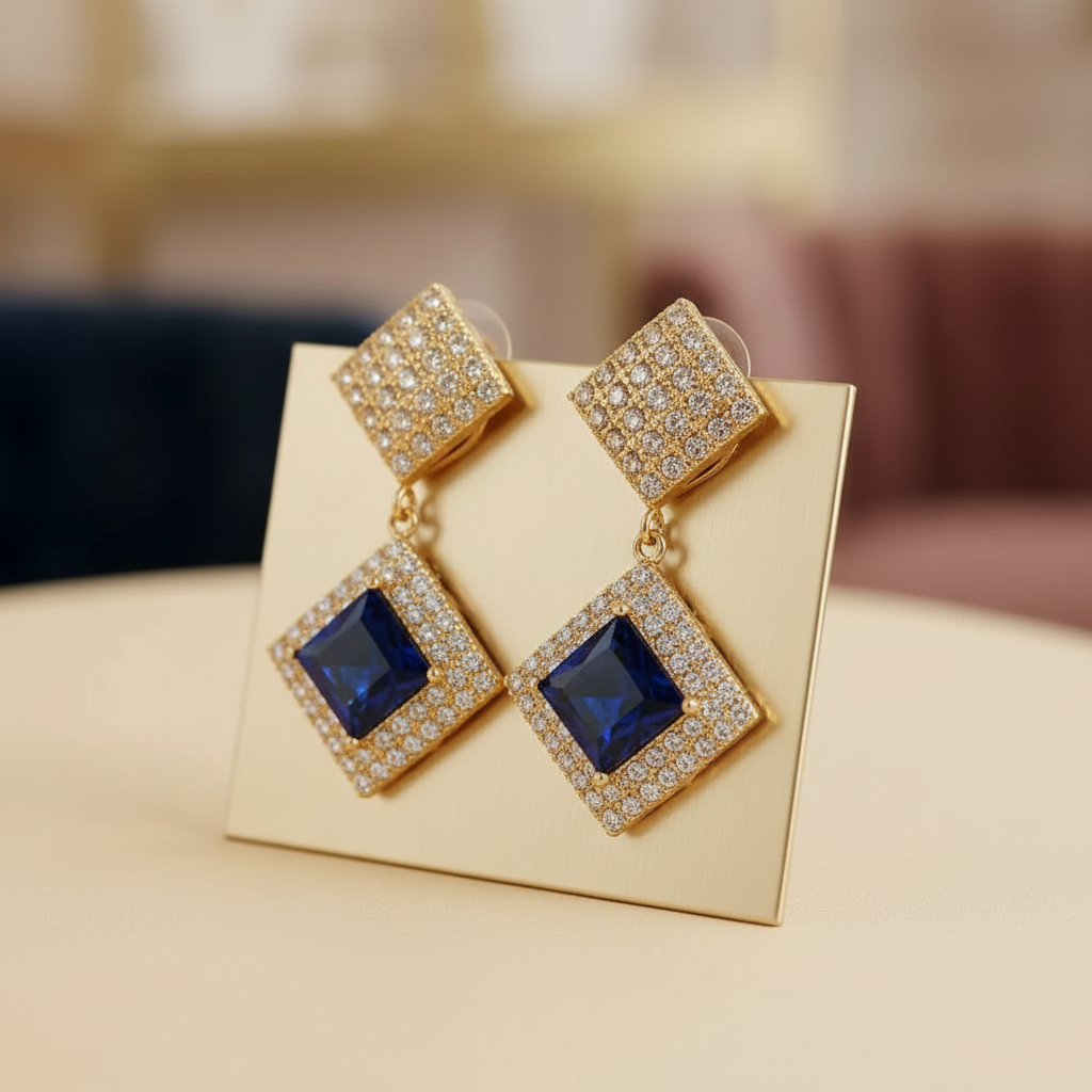 Close detail of gold-plated crystal drop earrings with deep-blue center stones