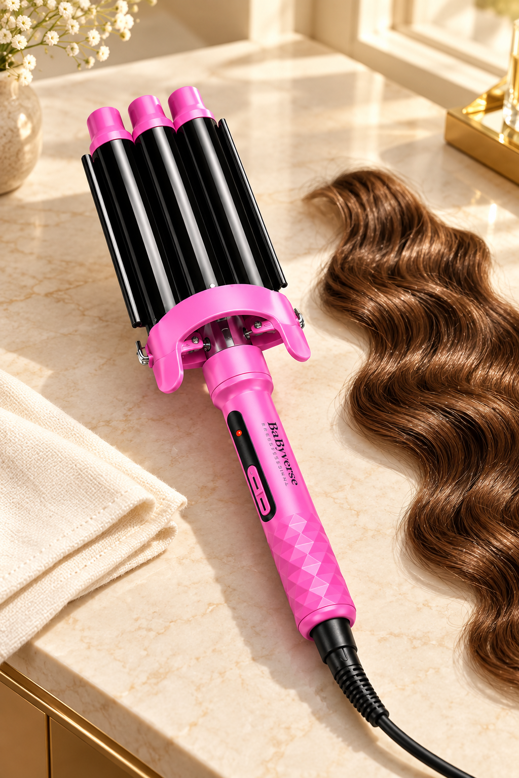 Pink BaByverse triple-barrel hair waver beside brown wavy hair on a cream vanity