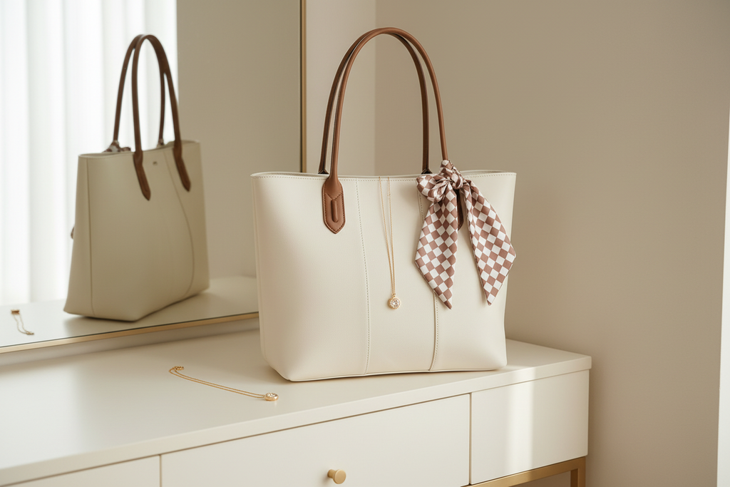 Premium white silk tote bag with scarf accent styled in a warm ivory interior