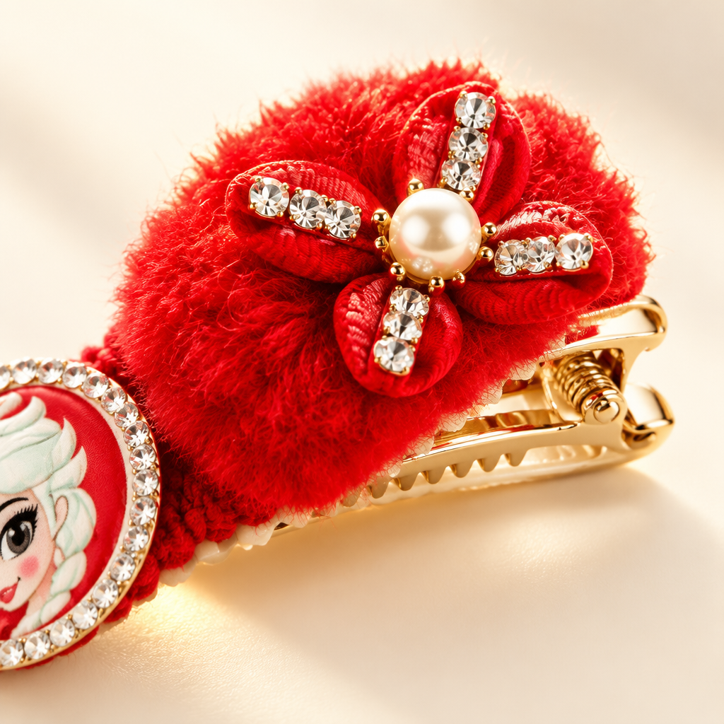 Close-up detail of red flower hair clip clasp