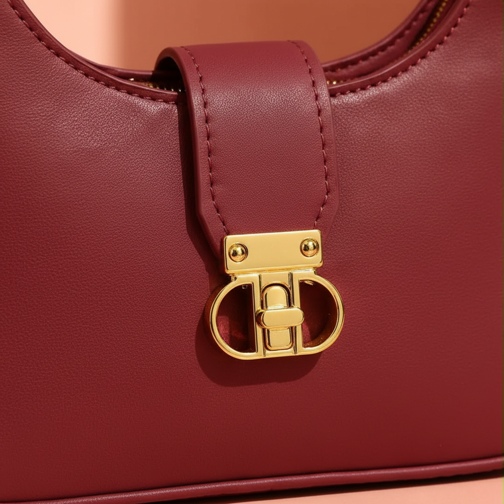 Close-up of the maroon leather shoulder bag stitching and gold-tone front clasp