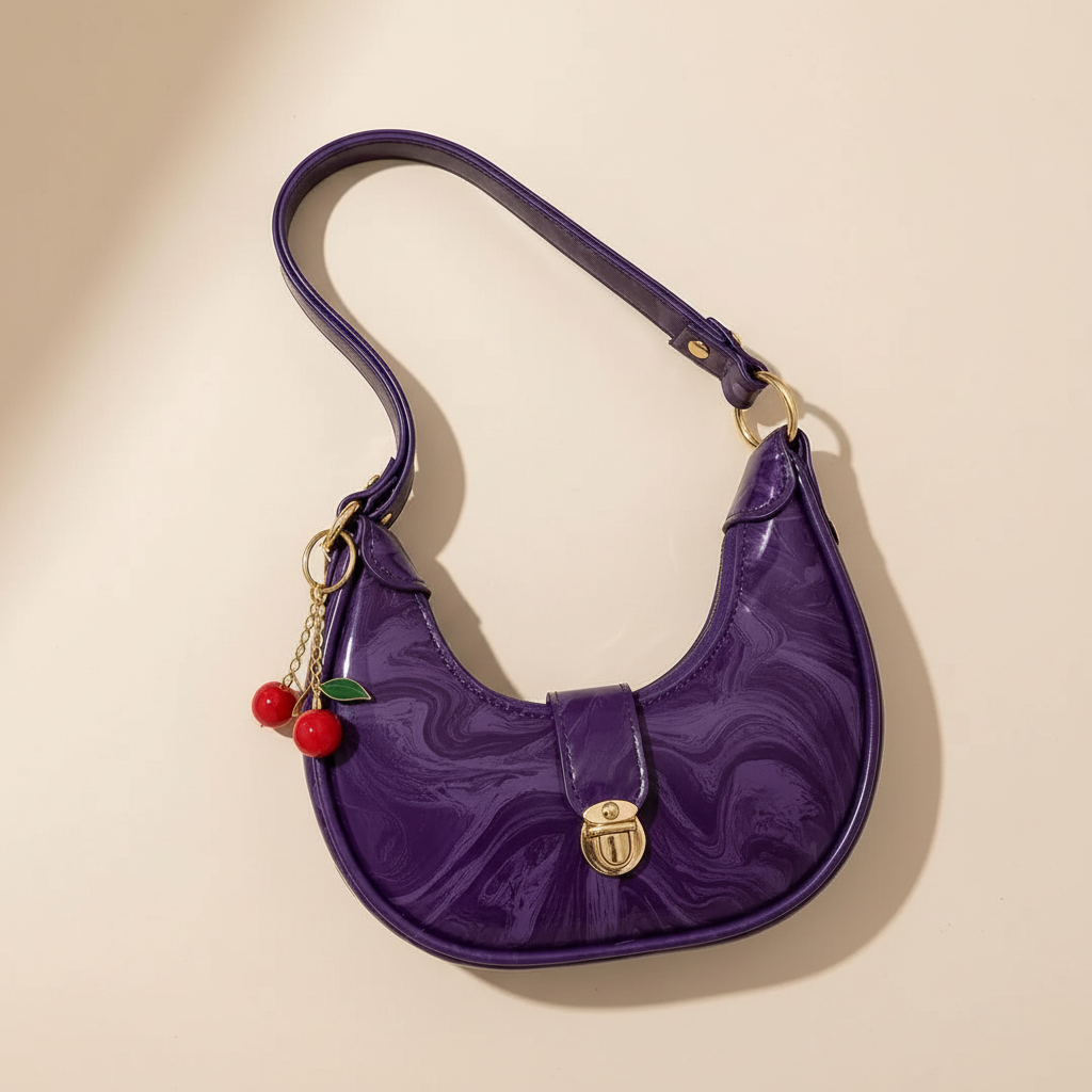 Purple printed leather crescent shoulder bag with gold-tone clasp and cherry charms on a warm ivory background