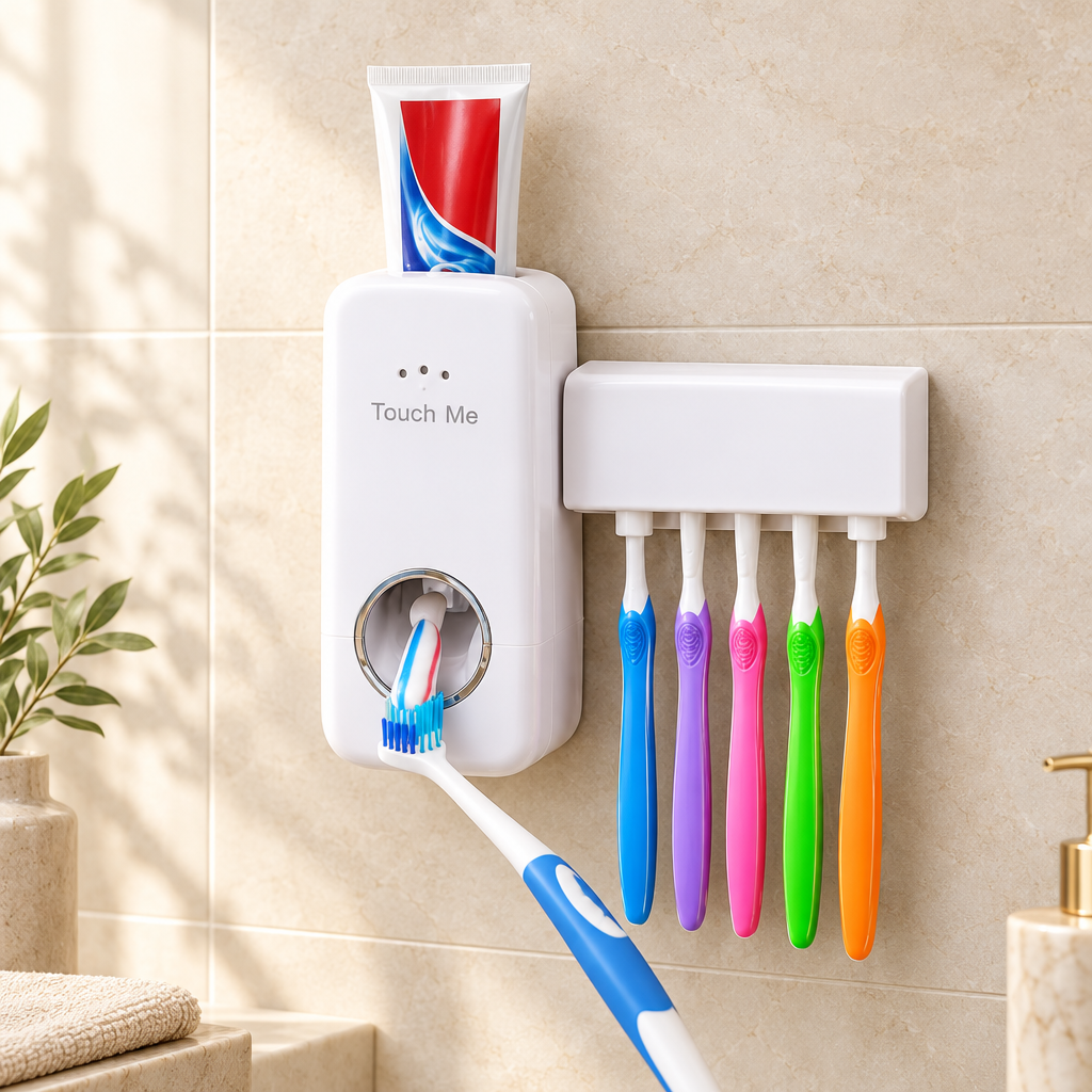 White wall-mounted one-touch toothpaste dispenser and toothbrush holder on warm ivory bathroom tile