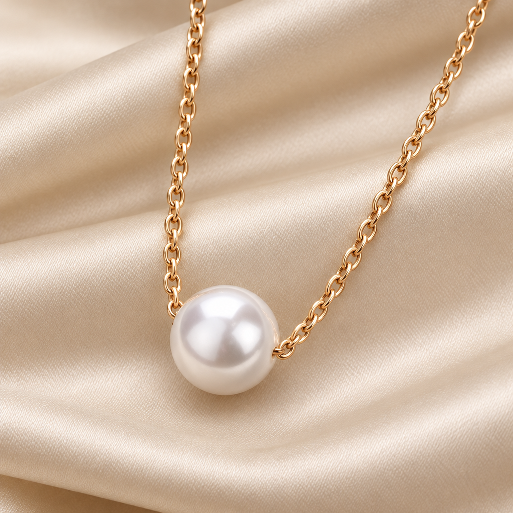 Close-up of white pearl-style bead and gold-tone links on ivory silk