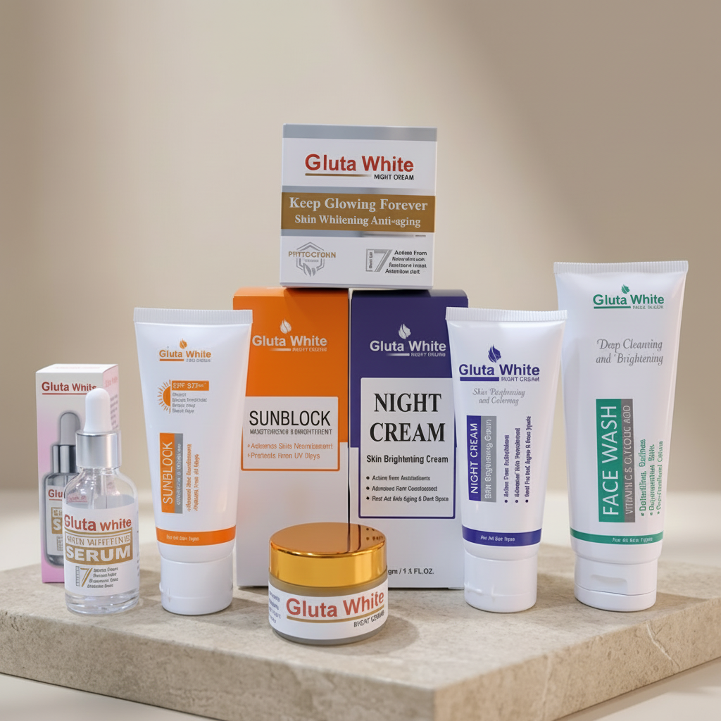 Gluta White skincare bundle arranged together in a premium flat lay