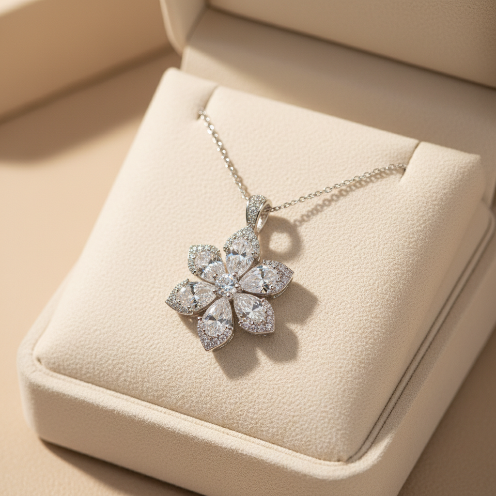 Pear-Cut Flower Pendant Necklace on cream velvet jewelry box
