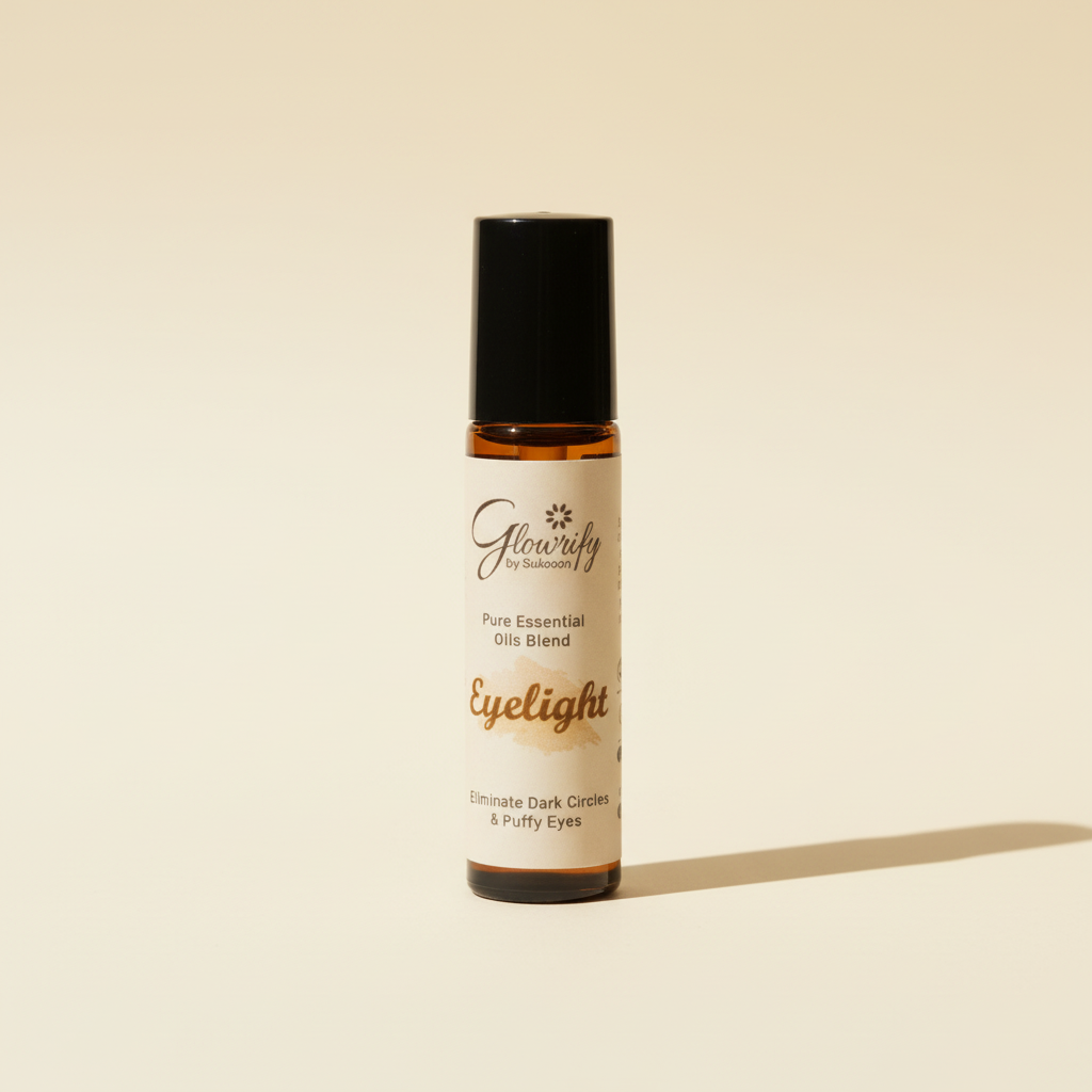 Glowrify Eyelight golden under-eye roller with black cap on a warm ivory background