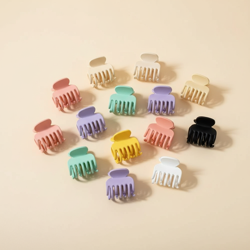 Twelve multicolor ABS claw hair clips arranged on a warm ivory background