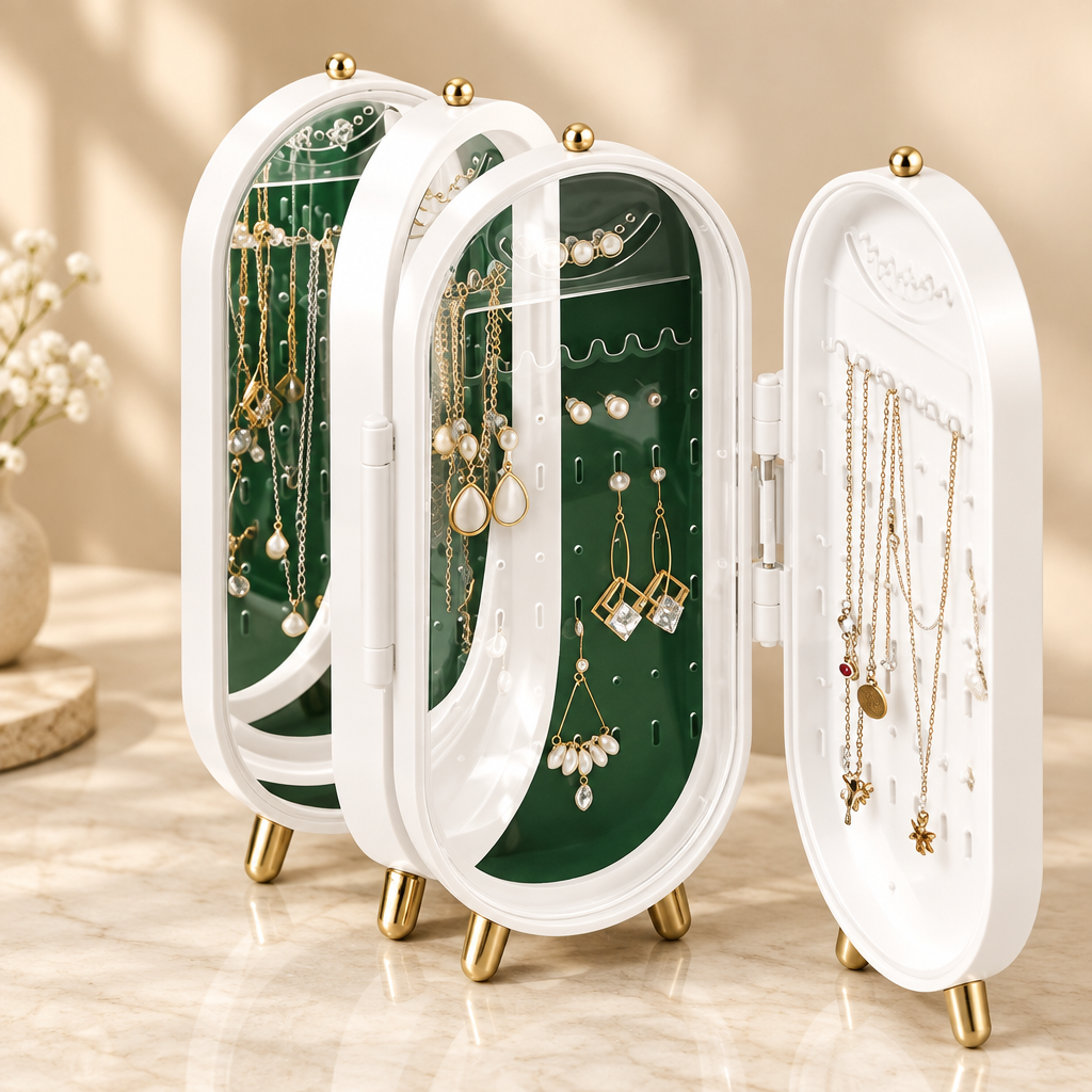 Angled close view of white folding jewellery display box with clear panels and green backing
