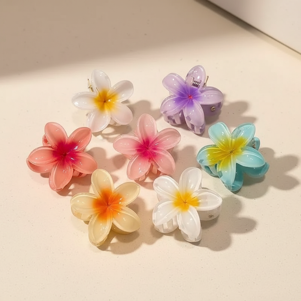 Close detail of six translucent multicolor acrylic flower hair clips showing their flower shapes and clasps