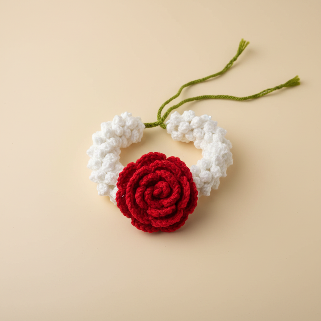 Handmade red and white crochet gajra bracelet with a red crochet rose and white floral loop on a warm ivory background