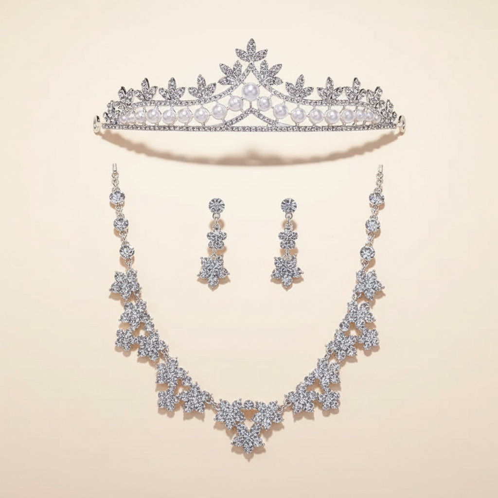 Silver-toned bridal crown, necklace and matching earrings with pearl and rhinestone detailing