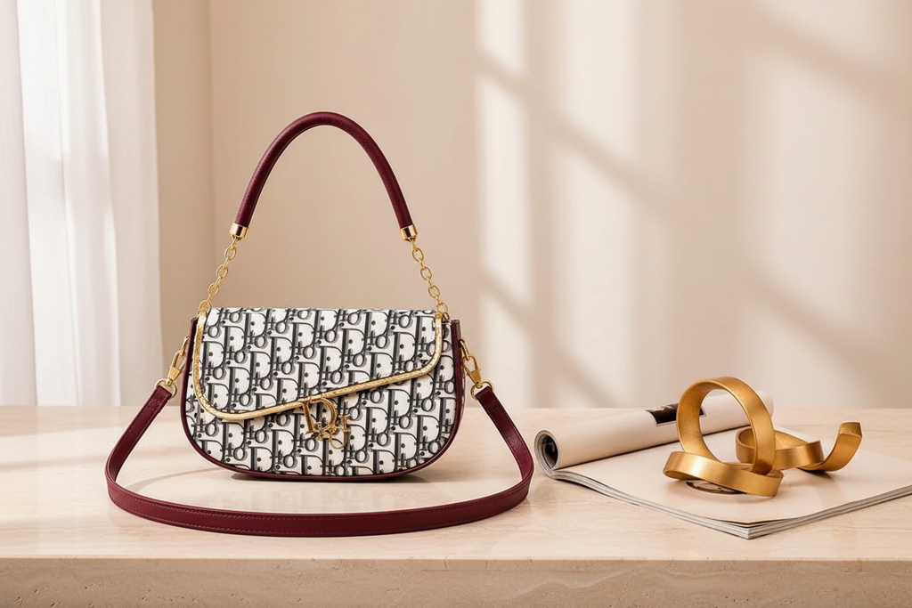 Maroon leather shoulder bag styled on a warm ivory surface with gold-tone details