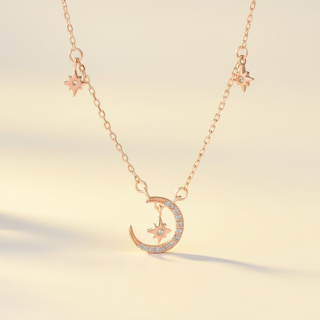 Rose gold 925 sterling silver star and moon pavé necklace on ivory background