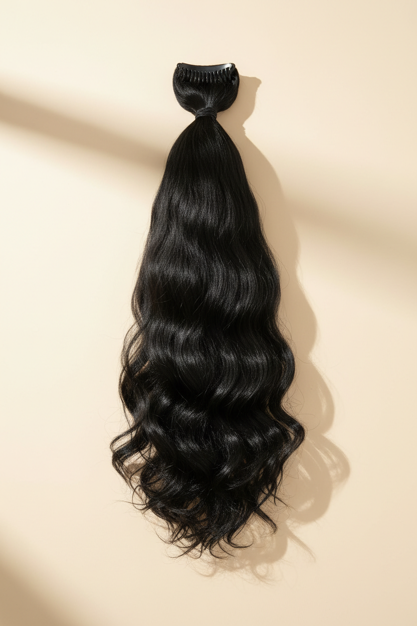 Black wavy synthetic claw clip ponytail extension shown on a warm ivory background
