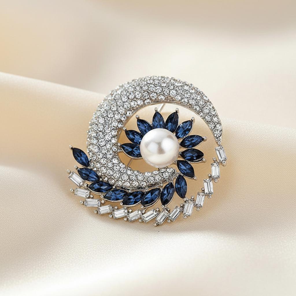 Close detail of a pearl and blue crystal floral brooch