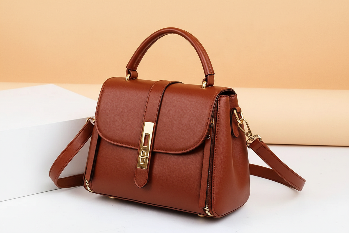 Three-quarter view of a mustard leather shoulder bag with top handle and front flap