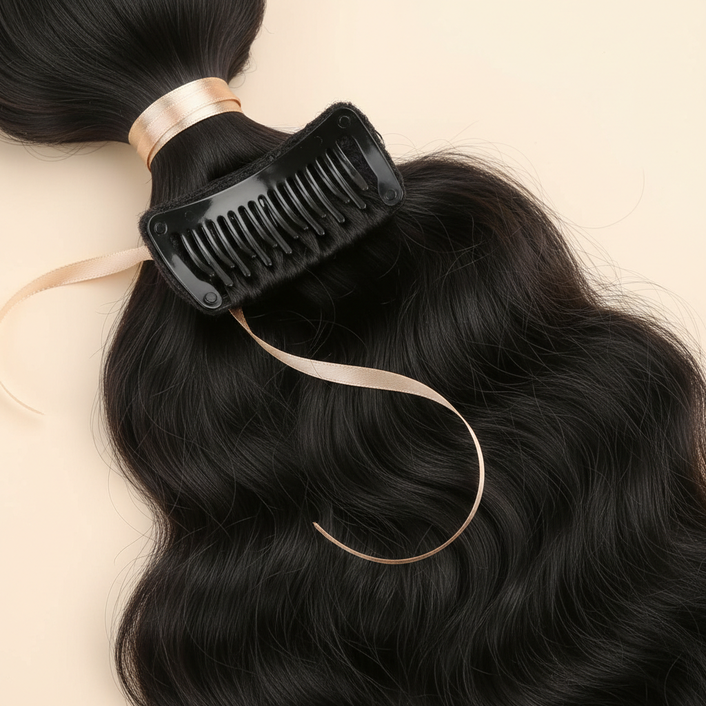 Close-up detail of the black claw clip attached to synthetic ponytail hair