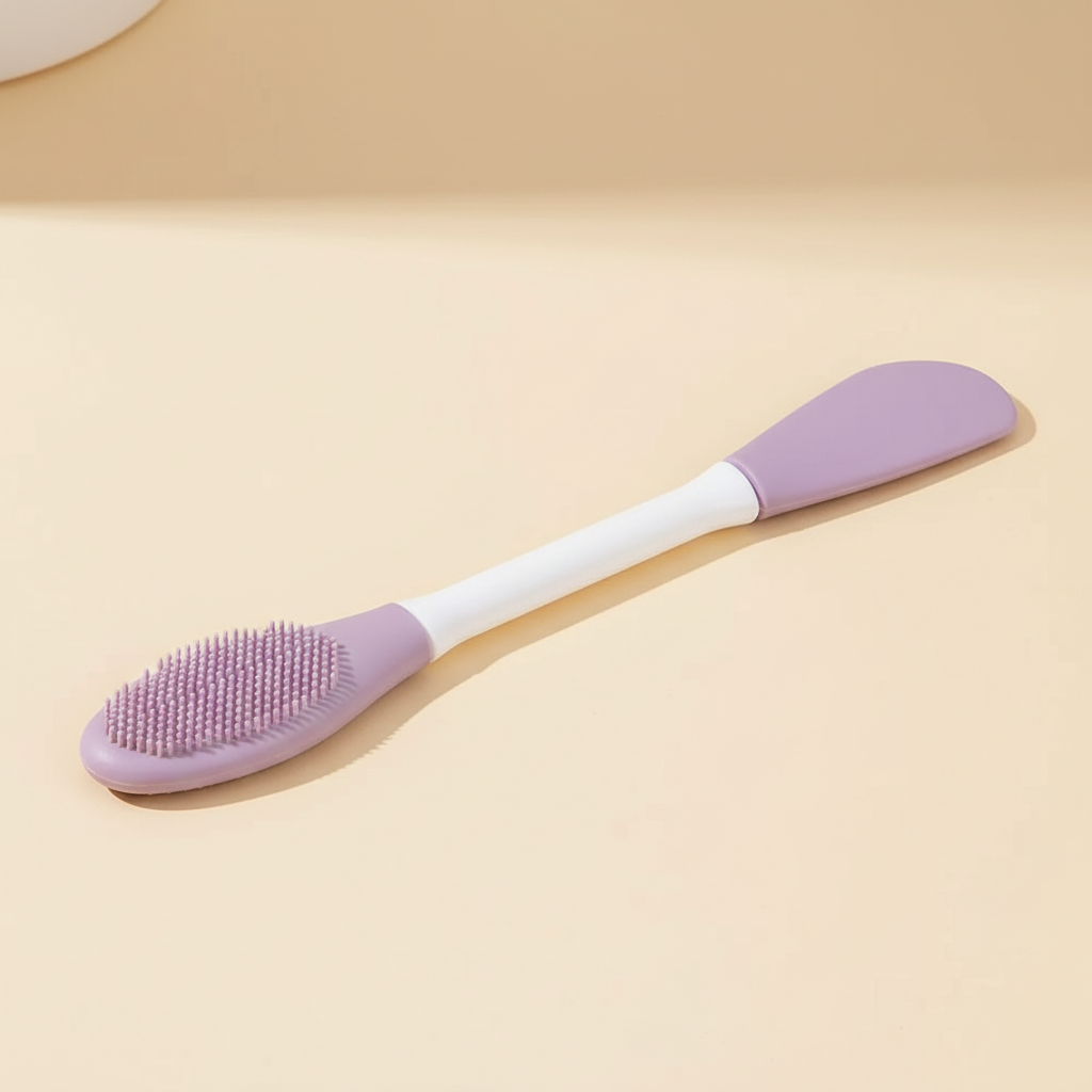 Close-up of the lavender silicone face mask and cleansing brush showing both ends