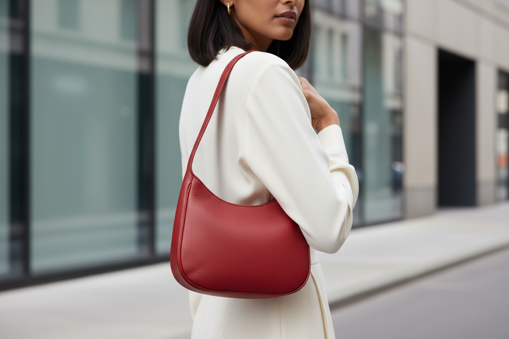 Woman wearing a red leather shoulder bag with a cream outfit