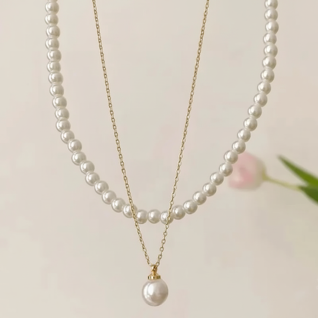 Close detail of white pearl beads, gold-plated chain, and pearl drop pendant