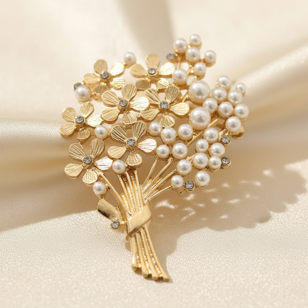 Close detail of pearl floral bouquet brooch with textured gold-tone flowers and pearl accents