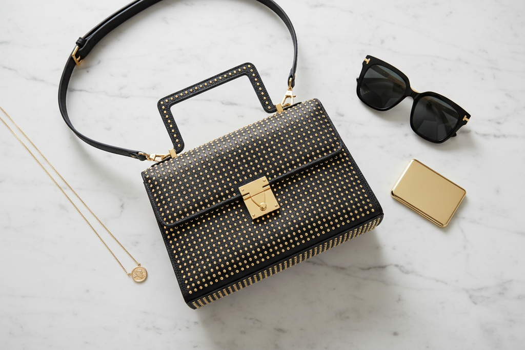 Black studded satchel flat lay on white marble